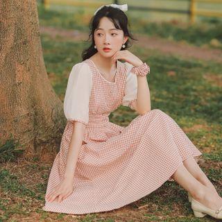 Puff-sleeve Check Midi A-line Dress