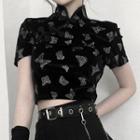 Short-sleeve Butterfly Print Frog-buttoned Crop Top / Pleated A-line Mini Skirt / Chained Belt