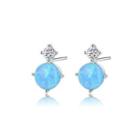 Sterling Silver Simple Fashion Geometric Round Blue Imitation Opal Stud Earrings With Cubic Zirconia Silver - One Size