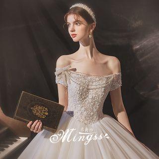 Off-shoulder Faux Pearl Lace A-line Wedding Gown