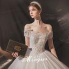 Off-shoulder Faux Pearl Lace A-line Wedding Gown