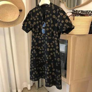 Puff-sleeve Stand-collar Tie-strap  Cutout Floral Dress
