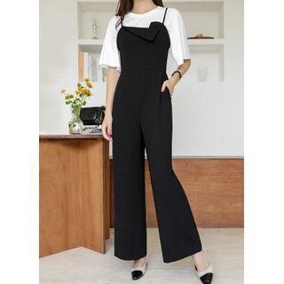 Spaghetti-strap Fold-over Jumpsuit Black - One Size