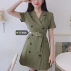 Set: Short-sleeve Buttoned Mini A-line Dress + Belt