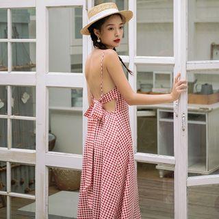 Spaghetti Strap Bow Back Gingham Midi A-line Dress