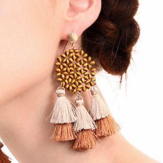 Wooden Bead Tassel Fringed Earring