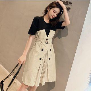 Mock Two-piece Short-sleeve Mini Dress Light Khaki - One Size