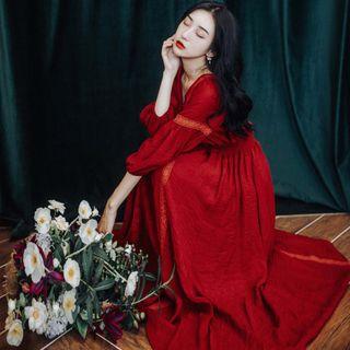 Lace Trim Balloon-sleeve A-line Maxi Dress