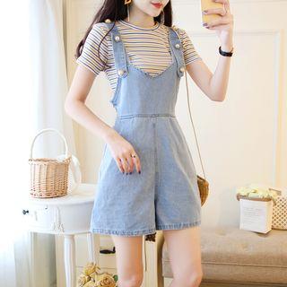 Set: Short-sleeve Striped T-shirt + Wide-leg Dungaree Shorts