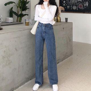 Plain Long-sleeve T-shirt / High Waist Wide-leg Jeans