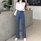 Plain Long-sleeve T-shirt / High Waist Wide-leg Jeans