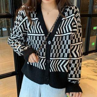 V-neck Print Loose-fit Cardigan As Shown In Figure - One Size