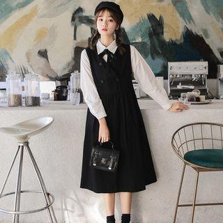 Set: Ribbon Shirt + Double-breasted Midi Pinafore Dress