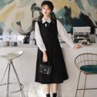 Set: Ribbon Shirt + Double-breasted Midi Pinafore Dress