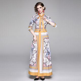 Bow-neck Print Maxi A-line Dress