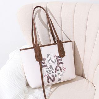 Lettering Faux Leather Tote Bag Off-white - One Size