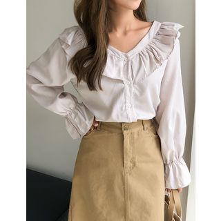 V-neck Frill-trim Blouse Beige - One Size