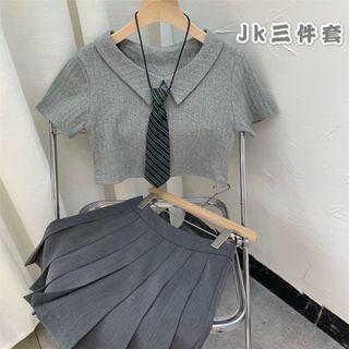 Short-sleeve Cropped Polo Knit Top / Neck Tie / A-line Skirt