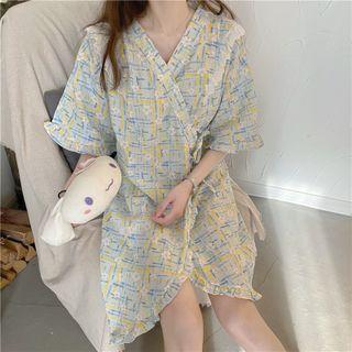 Elbow-sleeve Floral Wrap Sleep Dress Blue & Yellow - One Size
