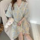 Elbow-sleeve Floral Wrap Sleep Dress Blue & Yellow - One Size