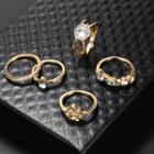 Set Of 5: Alloy Rhinestone Ring (assorted Designs) Gold - One Size