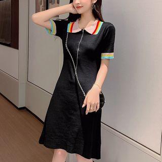 Open Back Zip Detail Short-sleeve Polo Shirt Dress Black - One Size
