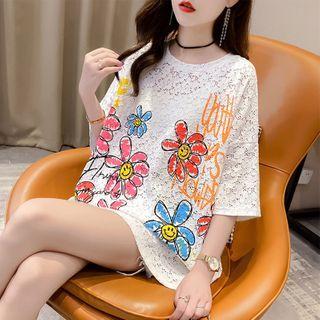 Flower Print Lace Short-sleeve Top