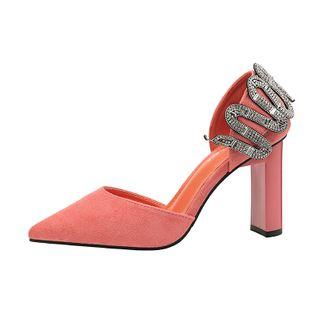 Rhinestone Chunky-heel Pointed Velvet Sandals