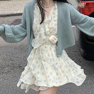 Long-sleeve Floral Mini Wrap Dress