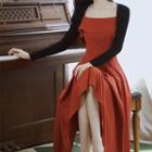 Spaghetti Strap Irregular Midi A-line Dress / Long-sleeve Shrug / Set