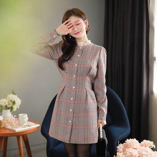 Lace-trim Faux-pearl Buttoned Plaid Dress