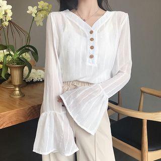 Bell-sleeve V-neck Chiffon Blouse White - One Size