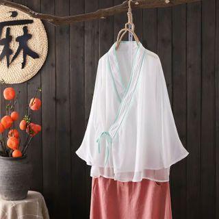 Contrast Trim Wrap Long-sleeve Blouse