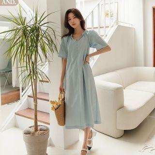 V-neck Band-trim Long Dress