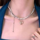 Heart Faux Crystal Pendant Alloy Choker Silver & White - One Size