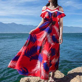 Flower Print Cold-shoulder A-line Maxi Chiffon Dress