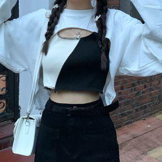 Cut-out Plain Pullover / Color-block Cropped Tank Top