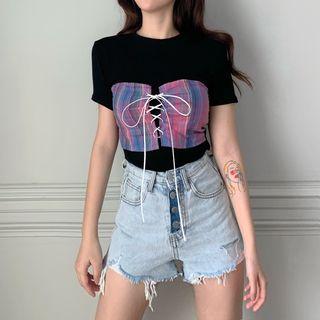 Mock Two-piece Short-sleeve Plaid Paneled T-shirt