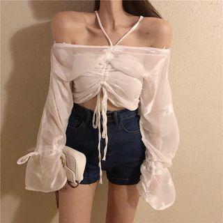 Bell-sleeve Cold-shoulder Drawstring Chiffon Top