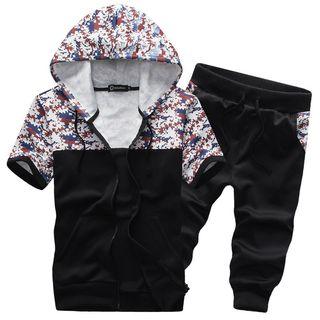 Set : Printed Panel Short-sleeve Hooded Jacket + Cropped Pants