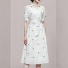 Short-sleeve Floral Embroidered Belted Midi Shirt Dress