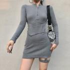 Long-sleeve Half-zip Knit Mini Bodycon Dress