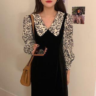 Mock Two Piece Long-sleeve Midi A-line Dress As Shown In Figure - One Size