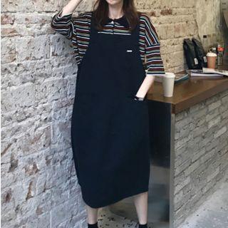 Elbow-sleeve Striped Collared Knit Top / Midi Jumper Dress