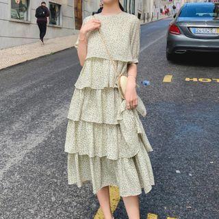 Elbow-sleeve Print Tiered Midi A-line Dress