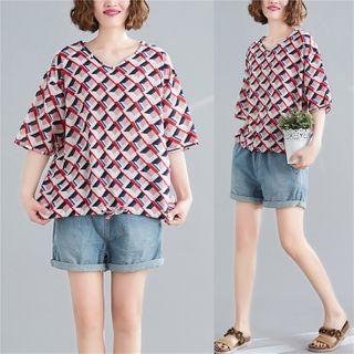 Elbow-sleeve Patterned T-shirt Red - One Size