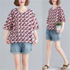 Elbow-sleeve Patterned T-shirt Red - One Size