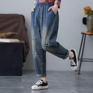 Elastic-waist Frog-buttoned Jeans