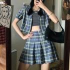 Plaid Short-sleeve Shirt / Pleated Skirt / Camisole Top