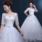Embroidered Elbow-sleeve Ball Gown Wedding Dress
